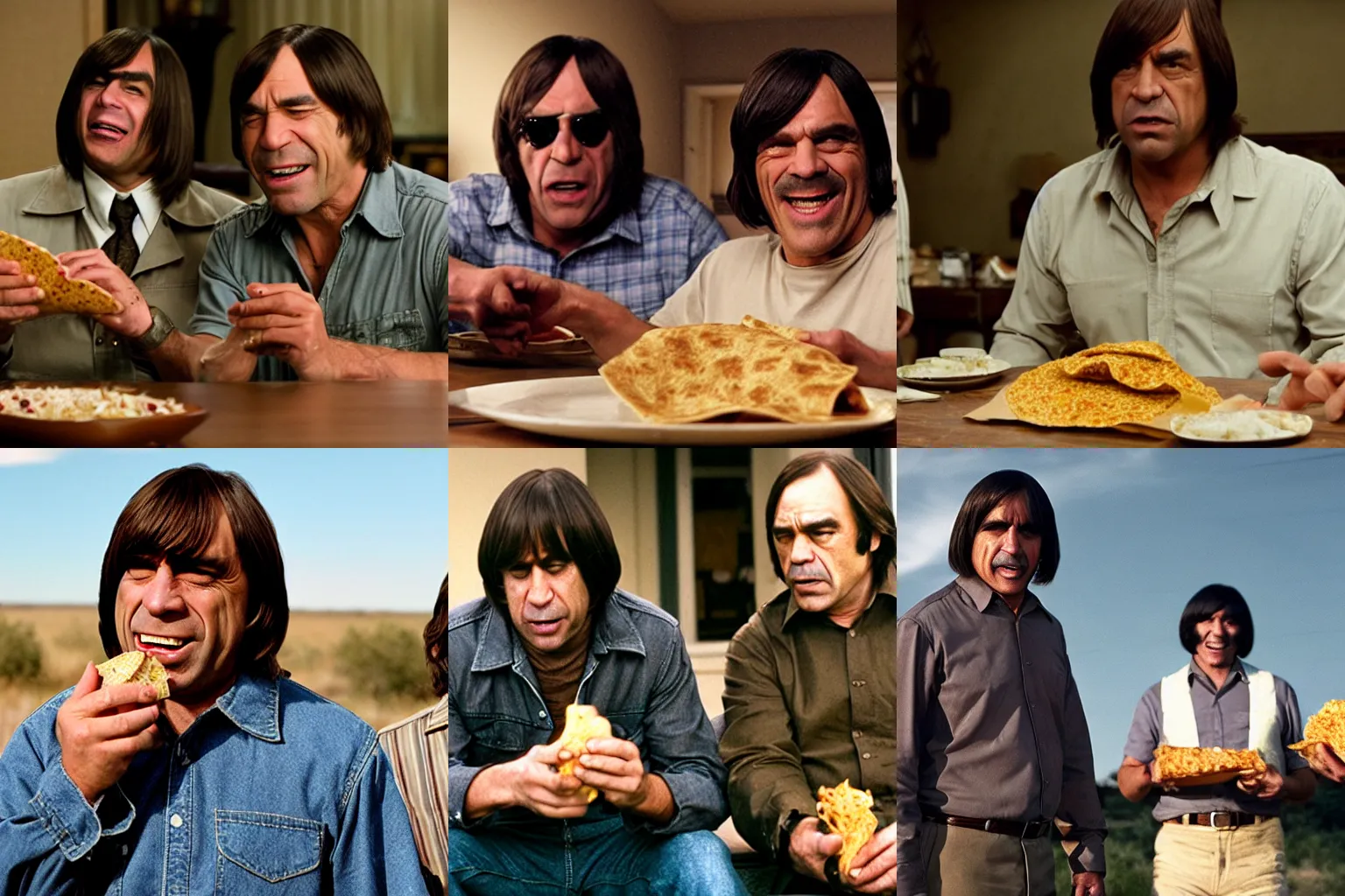 Prompt: anton chigurh from no country for old men eating a bean burrito and laughing with tommy lee jones and josh brolin