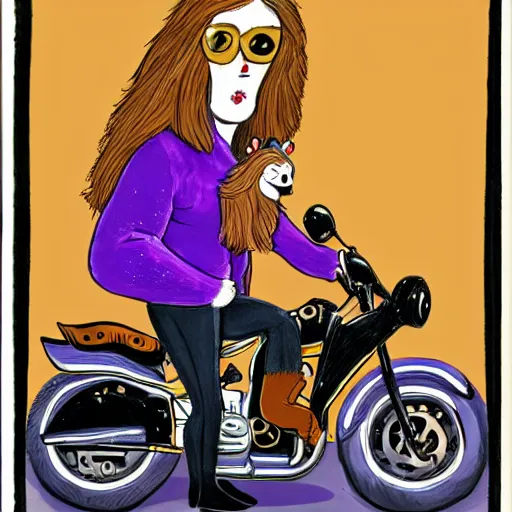 Image similar to a highly detailed drawing by s. gahan wilson of a slender beautiful woman with straight ginger hair and bangs, wearing purple leathers and gold helmet, posing with large ginger tabby and raccoon on a motorcycle in front yard, holding toasted brioche bun, dramatic lighting