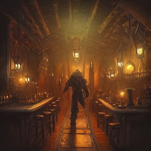 Image similar to “A dark tavern with lots of candles, creepy fantasy ambience, similar to Mos Eisley bar scene, D&D, fantasy, intricate, cinematic lighting, highly detailed, digital painting, artstation, concept art, smooth, sharp focus, illustration, art by Artgerm and Greg Rutkowski and Alphonse Mucha”