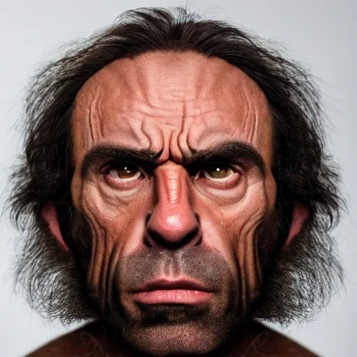 Prompt: Photo portrait Joe Rogan as a wax neanderthal cave man exaggerated brow stoic savage in the natural history museum face closeup background dramatic lighting 85mm lens by Steve McCurry