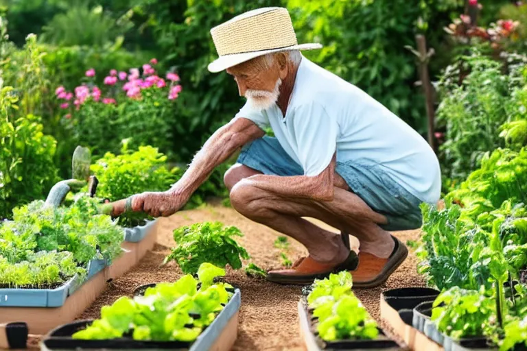 Prompt: old man wearing a straw hat looking down to the ground kneeling beside a healthy luscious beautiful vegetable garden with gardening tool leaning by his side