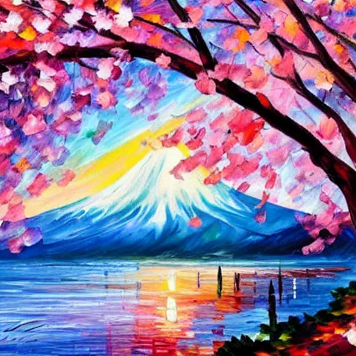 Image similar to beautiful leonid afremov highly detailed pastel watercolor painting of cherry blossoms in spring with mount fuji in the background. pastel colors, featured in art magazine