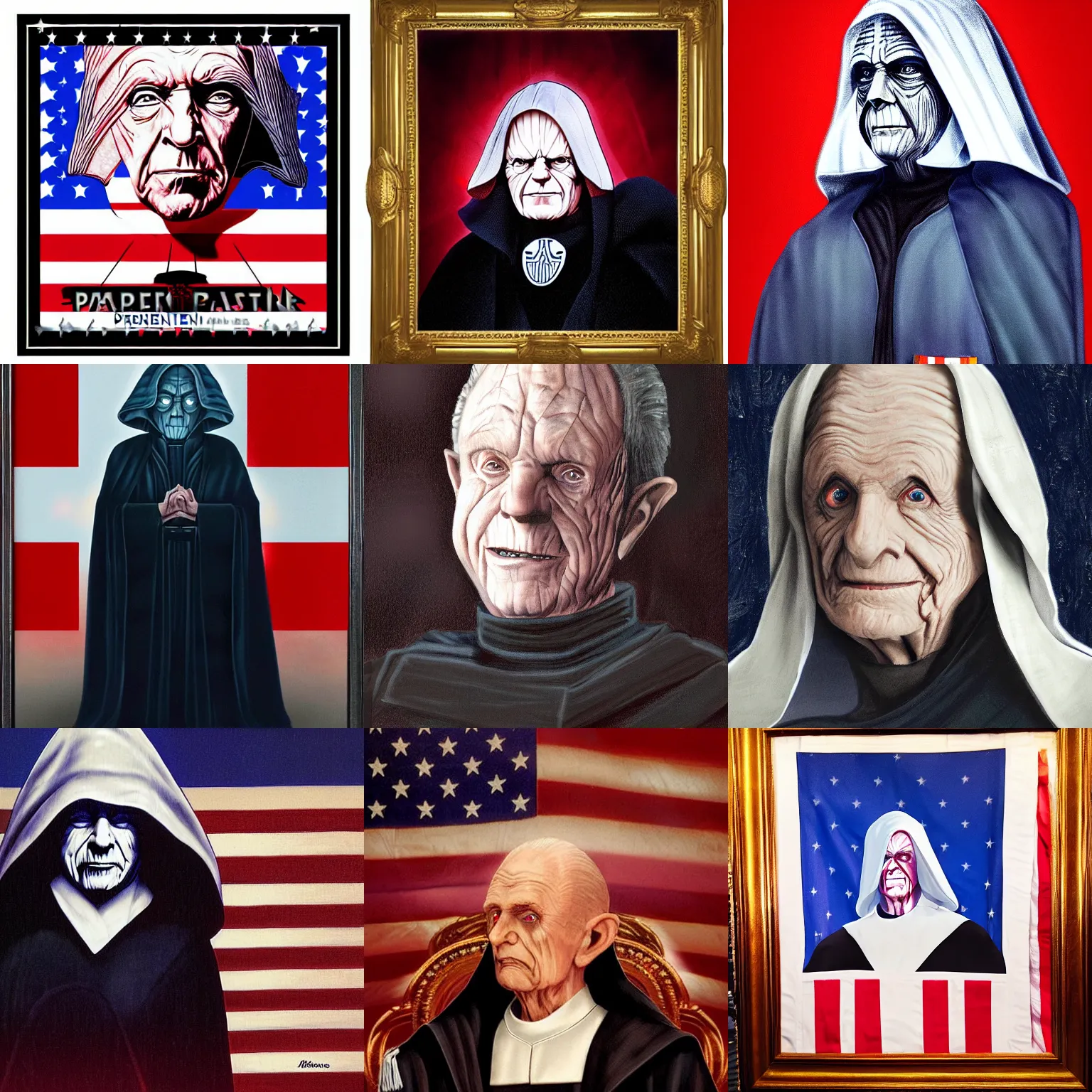 Prompt: emperor palpatine's presidential portrait. the american flag in the background