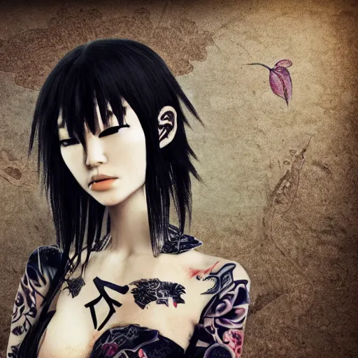 Prompt: japanese gothic model with maximalist hair style and kanji tattoos, dark colors, fashion model, portrait shot, depth of field, 8 k, hyper detailed, intricate, trending on artstation