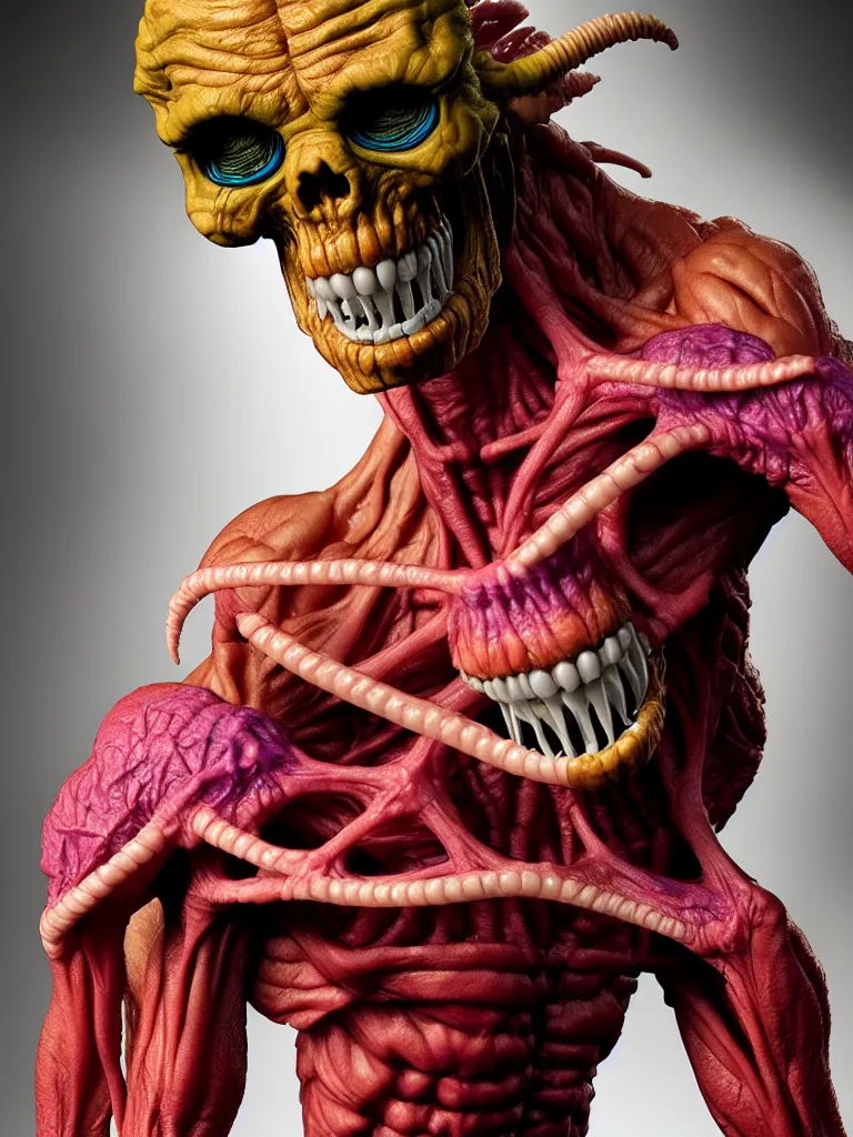 Image similar to hyperrealistic rendering, cronenberg flesh monster skeletor by art of skinner and richard corben and jeff easley, product photography, action figure, sofubi, studio lighting, colored gels