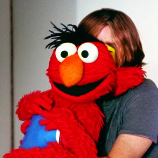 Prompt: Elmo hugging Kurt Cobain, Sesame Street