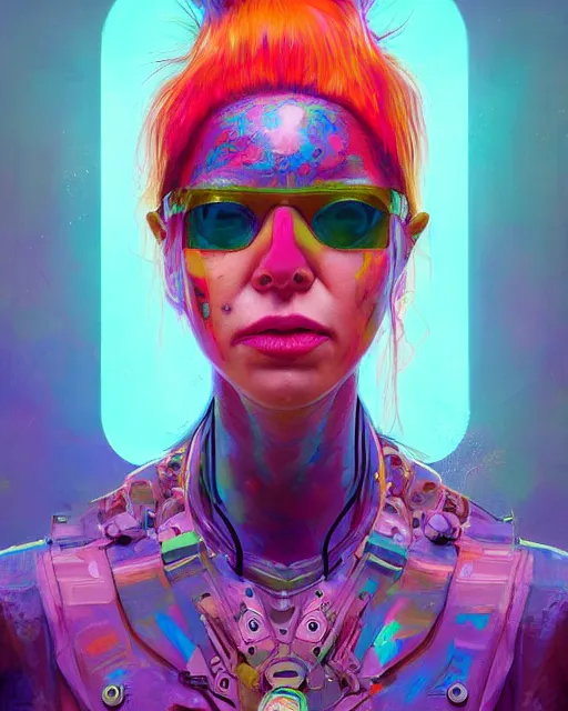 Image similar to colorful character portrait of a non - binary hippie, set in the future 2 1 5 0 | highly detailed face | very intricate | symmetrical | cinematic lighting | award - winning | painted by mandy jurgens | pan futurism, dystopian, bold colors, cyberpunk, groovy vibe, anime aesthestic | featured on artstation