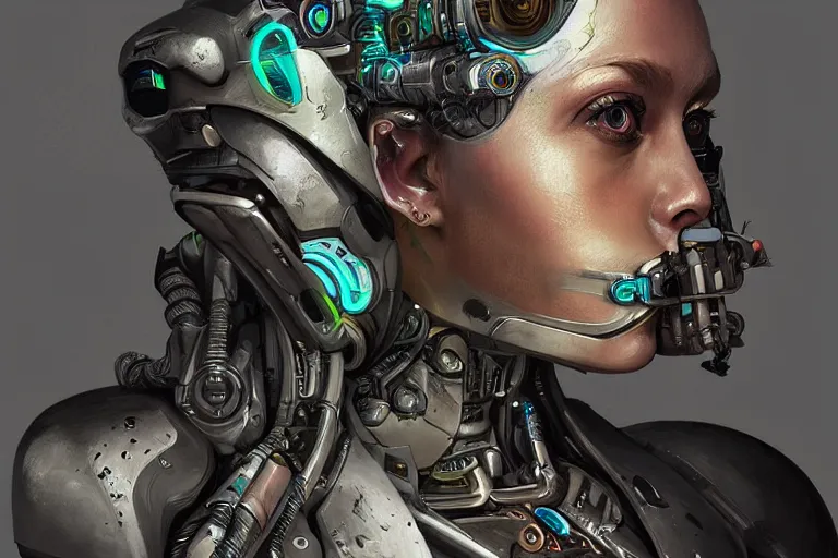 Prompt: “ a extremely detailed stunning portraits of solarpunk cyborg by allen william on artstation ”