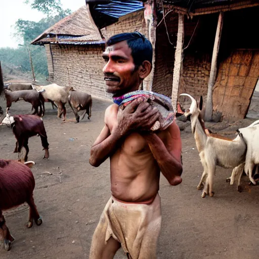 Prompt: shirtless brahmin man in a nepali village carrying a goat on his neck