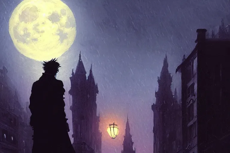 Image similar to a monster silhouette in the sky above a victorian city, scene in a rainy night. full moon, 1 8 9 0, key visual, conceptart, ambient lighting, highly detailed, digital painting, artstation, concept art, sharp focus, by makoto shinkai and akihiko yoshida and greg manchess