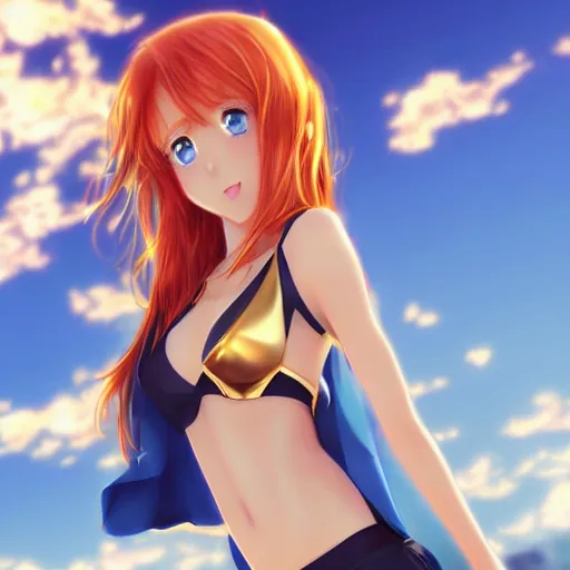 Image similar to picture : a beautiful young redhead anime girl, sky blue eyes, bikini, golden miniskirt, highly detailed, cinematic wallpaper by stanley artgerm lau