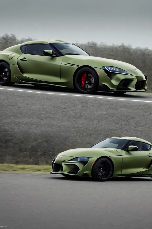 Image similar to Matte olive green Toyota Supra mk5 on highway, hyper realistic, car photography, 8k,