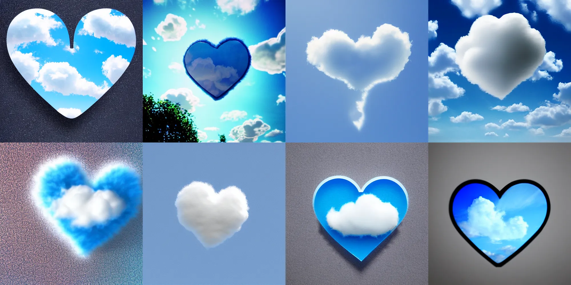 Prompt: tinyfluffy cloud heart on blue clear sky, detailed, hyper realism, photo, realistic, soft volume absorbation, volume light, view up, diffused lights, ultra realism, cinematic, film