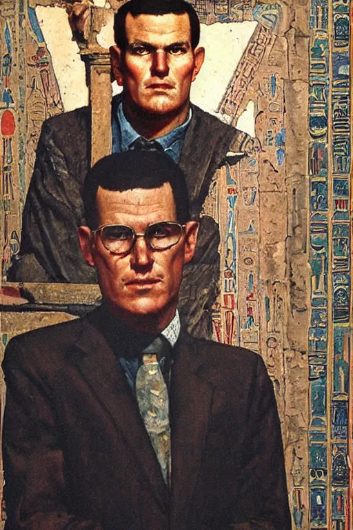 Image similar to a closer personal portrait of the zodiac killer, very charismatic. in the old ancient temple of luxor. masterpiece, dark. painted by norman rockwell and james gurney