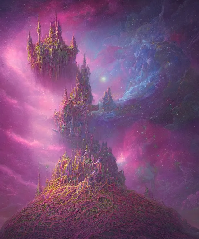 Image similar to an ultra detailed maximalist concept digital art painting of a singular floating island castle, levitating across space in a misty pearlescent nebula by paul lehr kazumasa uchio situated in a starry expanse of bioluminescent cosmic worlds by lee madgwick, beksinski and beeple, ecological art, flying citadel with towers, trending on artstation