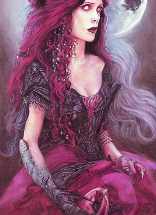 Image similar to portrait of princess of the dreamlands and moon beast, beautiful! coherent! by brom, deep colors, red maroon purple pink black, strong lines