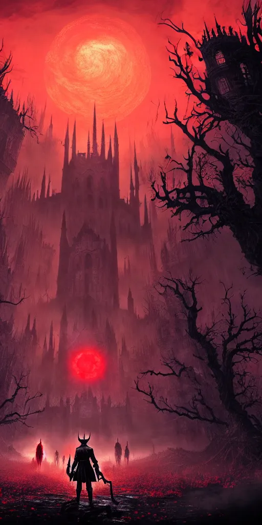 Image similar to populated bloodborne old valley with a obscure person at the centre and a ruined gothic city in the background, trees and stars in the background, falling red petals, epic red - orange moonlight, perfect lightning, wallpaper illustration by niko delort and kentaro miura, 4 k, ultra realistic