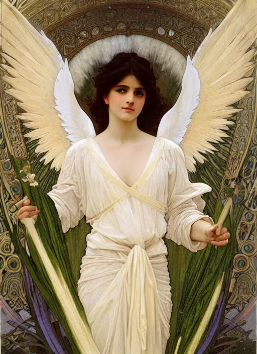 Image similar to painting of a beautifully robed angel with huge white feather wings, intricate, elegant, hyperdetailed, by alphonse mucha and william - adolphe bouguereau and john william waterhouse