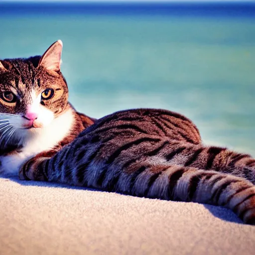 Image similar to realistic photo of an anthropomorphic cat chilling out on the beach