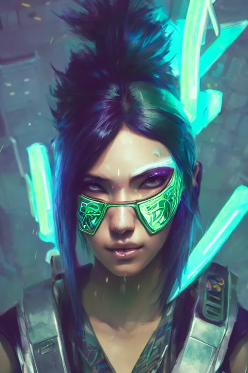 Image similar to akali from league of legends, cyberpunk futuristic neon. wearing ninja face mask decorated with traditional japanese ornaments by ismail inceoglu dragan bibin hans thoma greg rutkowski alexandros pyromallis nekro rene maritte illustrated, perfect face, fine details, realistic shaded, fine - face, pretty face, masterpiece