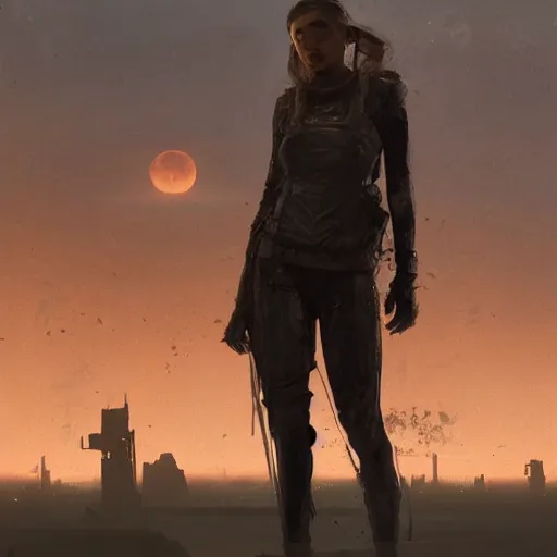 Prompt: A portrait of a teenage girl, ruins of a destroyed city, yellow-red full moon on background, techwear, dark, atmosphere, natural volumetric light, intricate, highly detailed, digital painting, concept art, sharp focus, illustration, art by greg rutkowski, matte painting, trending on artstation