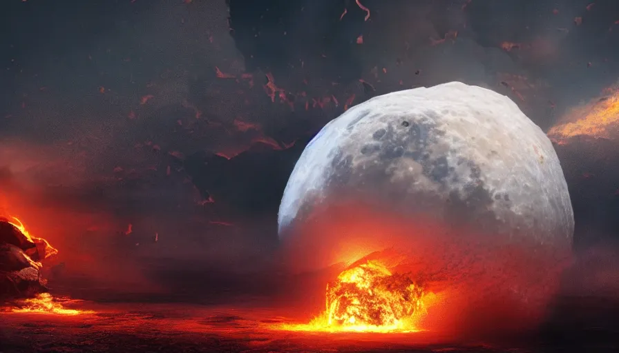 Image similar to Cinematic view of the exploding burning moon, hyperdetailed, artstation, cgsociety, 8k