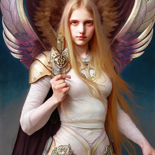 Image similar to portrait of young aasimar angel girl maiden wearing comfy leather armor with beautiful feathered angel wings, brown eyes, by artgerm and greg rutkowski and alphonse mucha and andrei riabovitchev and Rossdraws and Bluesssatan and Mandy Jurgens and Stjepan Sejic, 4k oil on linen, vivid colors, colorful, photorealistic, high dynamic range, HDR, intricate, elegant, highly detailed, digital painting, artstation, concept art, smooth, sharp focus, illustration, mid-shot, medium shot, hyperdetailed