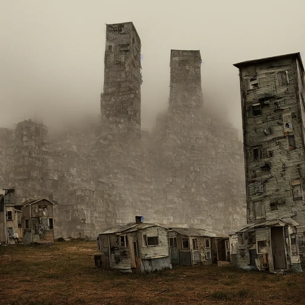 Prompt: two towers, made up of makeshift squatter shacks with faded colours, moody sky at the back, uneven fog, dystopia, mamiya, f 1 1, fully frontal view, ultra sharp, very detailed, photographed by julie blackmon