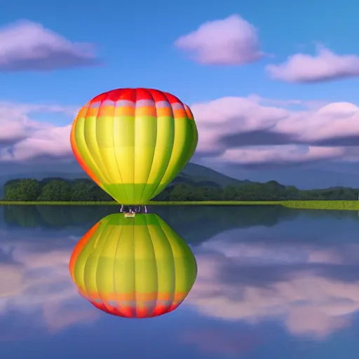 Prompt: A 3D render of a rainbow colored hot air balloon flying above a reflective lake