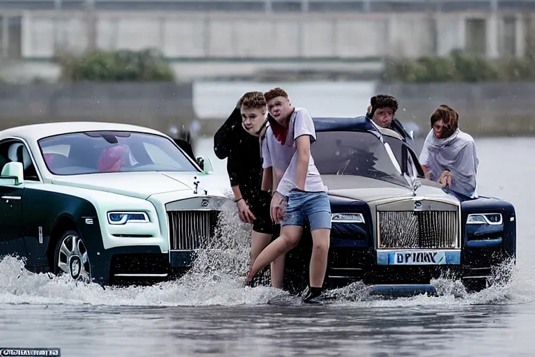 Image similar to A group of teenagers are behind a Rolls-Royce holding him by the boot and pushing him into a white lake from a small slide