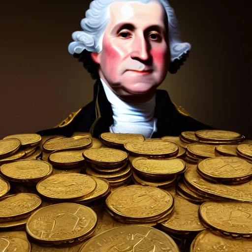 Prompt: a closeup photorealistic photograph of a happy George Washington inspecting small gold Doubloon coins at his home on Cherry Street. This 4K HD image is Trending on Artstation, featured on Behance, well-rendered, extra crisp, features intricate detail and the style of Unreal Engine.