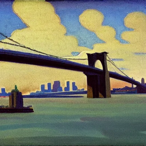 Prompt: painting of the brooklyn bridge by Nicholas Roerich