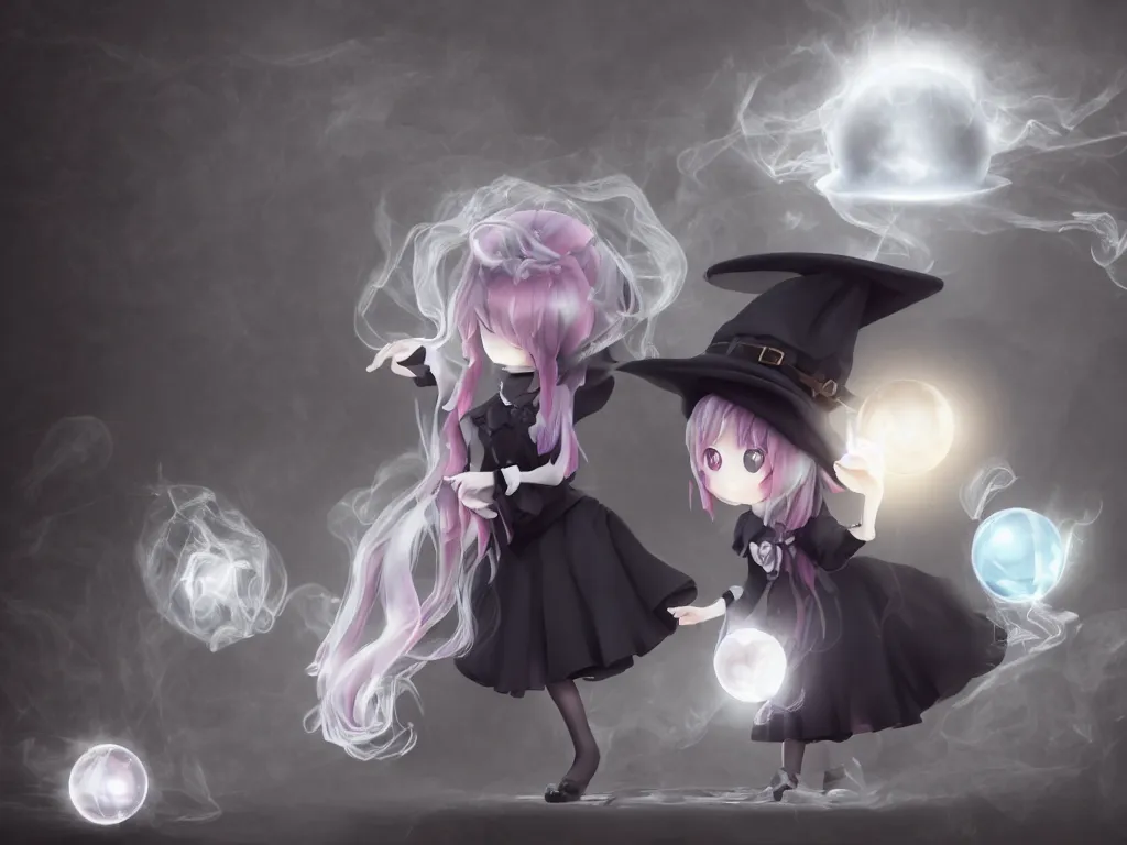 Image similar to cute fumo plush girl gazing into a crystal ball swirling with strange energy, casting a powerful spell, black and white eldritch gothic horror, smoke and volumetric fog, witch girl, soothsayer, lens flare glow, chibi anime, vray
