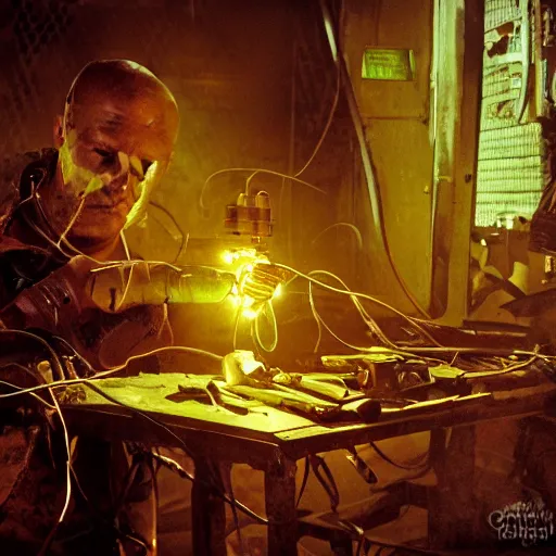 Image similar to half rusted old egg beater half stun - gun, balding older cyborg repairing, red hot soldering iron, dark messy smoke - filled cluttered workshop, dark, dramatic lighting, orange tint, cinematic, highly detailed, sci - fi, futuristic, movie still from blade runner