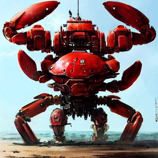 Prompt: giant red mechanical crab with cannon on its back, detailed, military robot, by greg rutkowski and jakub rozalski