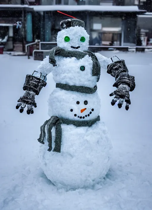 Image similar to photo of a cyber snowman, cyberpunk, made of snow and metal, interesting angle, sharp focus, 8 k high definition, insanely detailed, intricate, intelligent, art by kazuya takahashi, fenghua zhong, sangsoo jeong, kevin hou