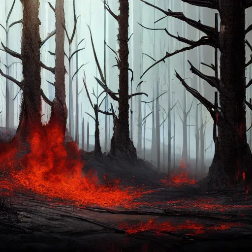 Image similar to a burned lifeless forest, with burned trees, concept art, cinematic, Christian Alzmann on ArtStation, CGSociety, Unreal Engine