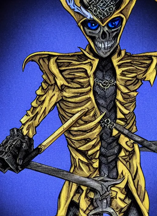 Image similar to DND character art, skeletal male figure, wearing a deep black suit!!! and tie and top hat, holding a gold! cane!, blue flames in background, blue flames