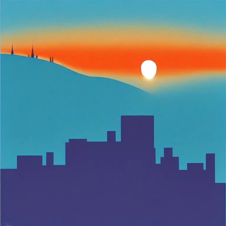 Image similar to birdseye view of a sunrise over a city, art by eyvind earle