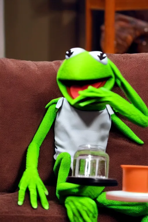 Image similar to candid photo of kermit the frog sitting on the couch hitting a bong, kermit the frog in ted ( 2 0 1 2 ) bong scene, kermit the frog, high resolution photo, trending on artstation, interior design,