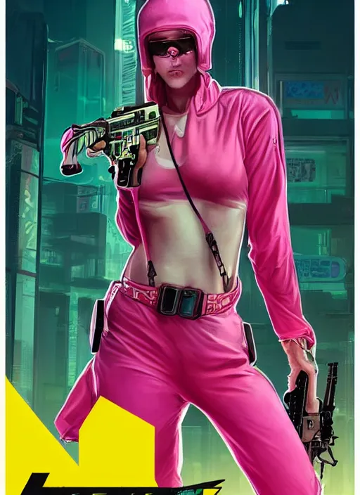 Image similar to beautiful cyberpunk female athlete wearing pink jumpsuit and pointing a yellow belt fed pistol. advertisement for pistol. cyberpunk ad poster by james gurney, azamat khairov, and alphonso mucha. artstationhq. gorgeous face. painting with vivid color, cell shading. buy now! ( rb 6 s, cyberpunk 2 0 7 7 )