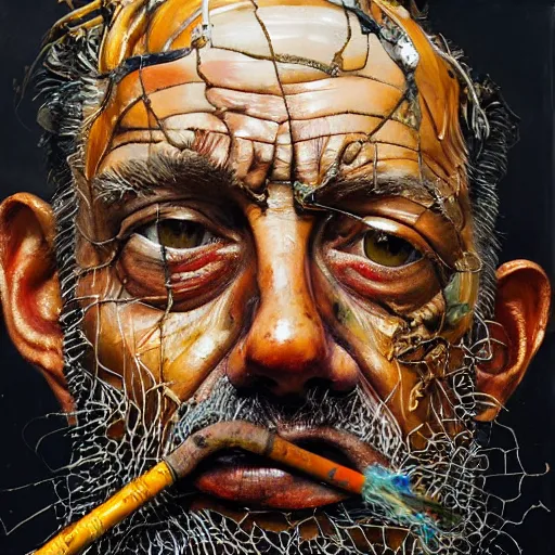 Image similar to an extreme close up portrait a wizard smoking a pipe, front angle, by Lucian Freud and Jenny Saville and Anselm Kiefer, oil painting, rust, Scaffolding, rusted metal and sunflowers, iron cladding, decay, mixed media, textured, anatomically correct, beautiful perfect face, visible brushstrokes, sharp focus, Highly Detailed, Cinematic Lighting, 8k, HD