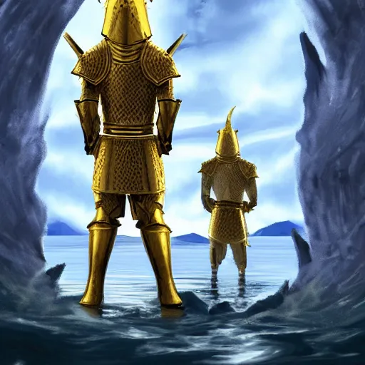 Prompt: Point of view of two knights from behind wearing golden armors, the 2 knights observe a dead dragon crushed in a lake, fantasy, medieval, digital art