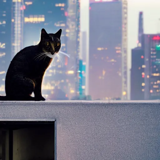 Image similar to Stray cat sitting on a roof watching a cyberpunk futuristic city