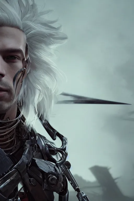 Prompt: a portrait of a toned male cyborg archer with long white hair and pale skin with joints still visible by greg rutkowski, sung choi, mitchell mohrhauser, maciej kuciara, johnson ting, maxim verehin, peter konig, bloodborne, 8 k photorealistic, cinematic lighting, hd, high details, dramatic, dark atmosphere, trending on artstation