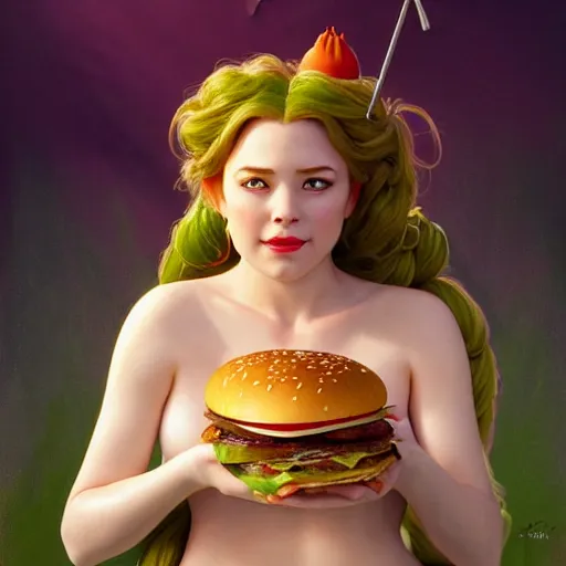 Prompt: portrait of shrek eating hamburgers, extra onions and ketchup, luscious patty with sesame seeds, feminine ethereal, handsome, d & d, fantasy, intricate, elegant, highly detailed, digital painting, artstation, concept art, matte, sharp focus, illustration, art by artgerm and greg rutkowski and alphonse mucha