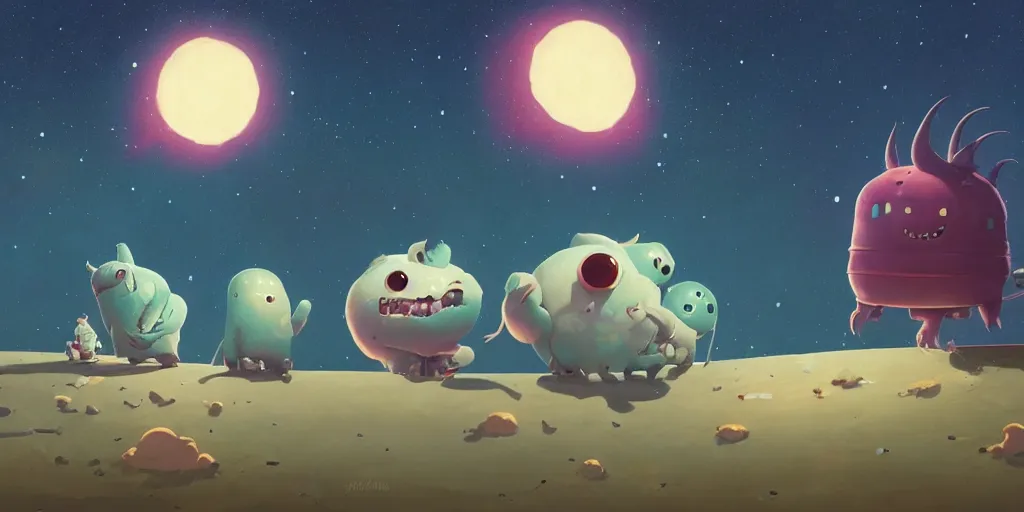 Prompt: cute monsters and starry sky night by Goro Fujita and Simon Stalenhag , 8k, trending on artstation, hyper detailed, cinematic