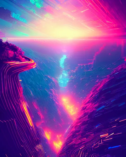 Image similar to Digital world, simulation theory, glitching, scifi, global illumination, unique landscape, fine details, perfect, 8k high detail, masterpiece, trending on ArtStation, by Alena Aenami, Petros Afshar, Liam Wong