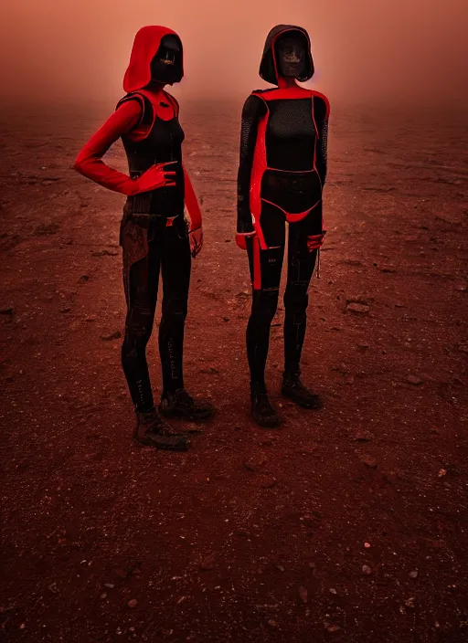 Image similar to cinestill 5 0 d photographic portrait by steve mccurry of two loving female androids wearing rugged black mesh techwear on a desolate plain with a red sky, extreme closeup, cyberpunk style, dust storm, 8 k, hd, high resolution, 3 5 mm, f / 3 2, ultra realistic faces, ex machina