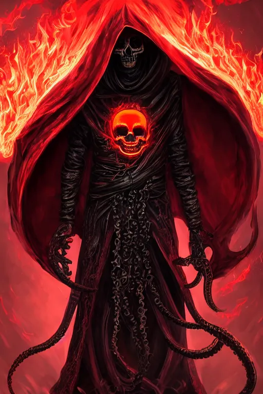 Image similar to A full body portrait of a mysterious character with a flaming skull with a very long hooded blood red and black cloak, tentacles coming out the ground art by Jason Chan, ominous, cosmic horror, trending on artstation, Ultra detailed, hyper realistic 4k
